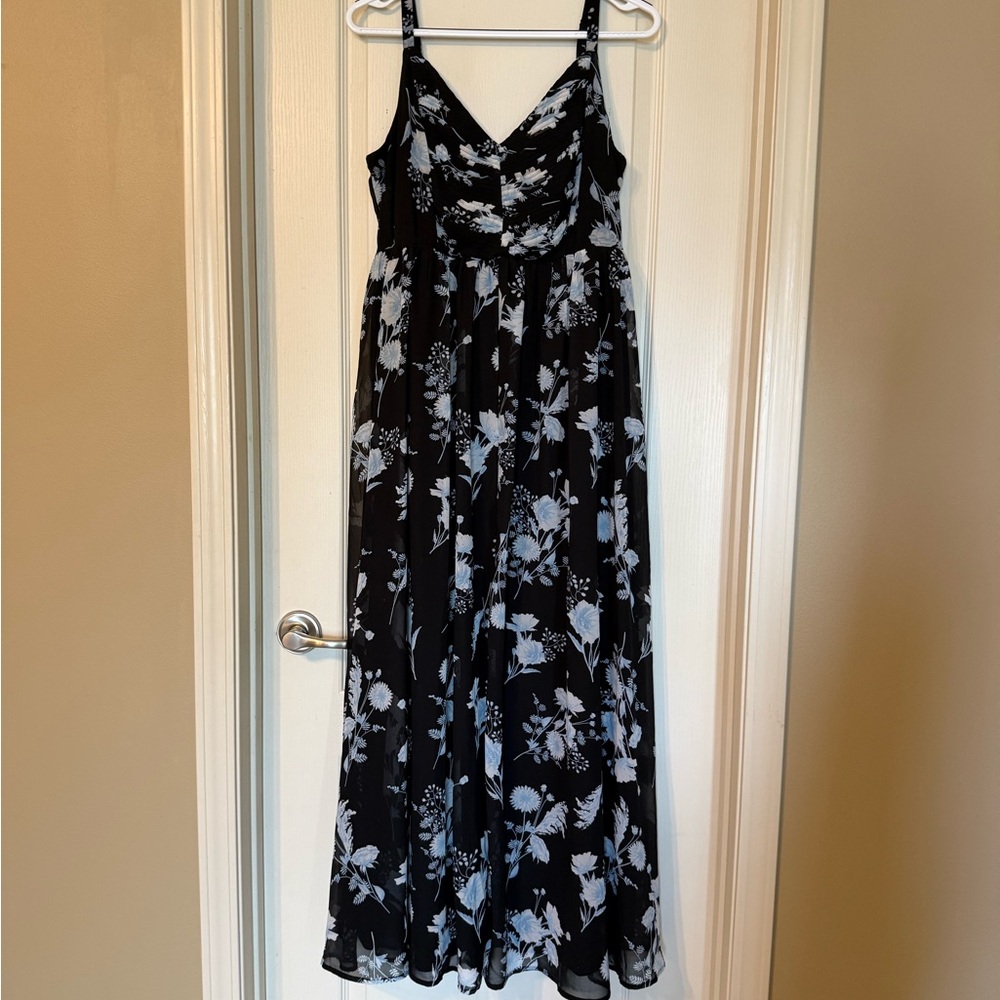 Black Maxi Dress with Light Blue Floral Print - Women's Spaghetti Strap Maxi